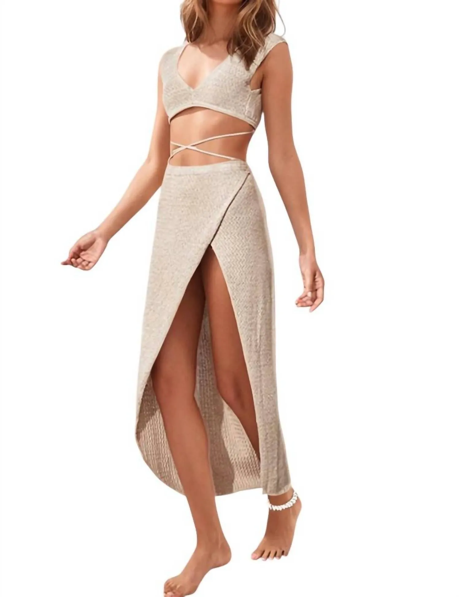Ariel Knit Swimwear Cover Up Skirt Set In Khaki