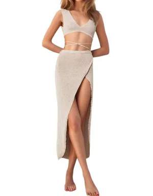Ariel Knit Swimwear Cover Up Skirt Set In Khaki