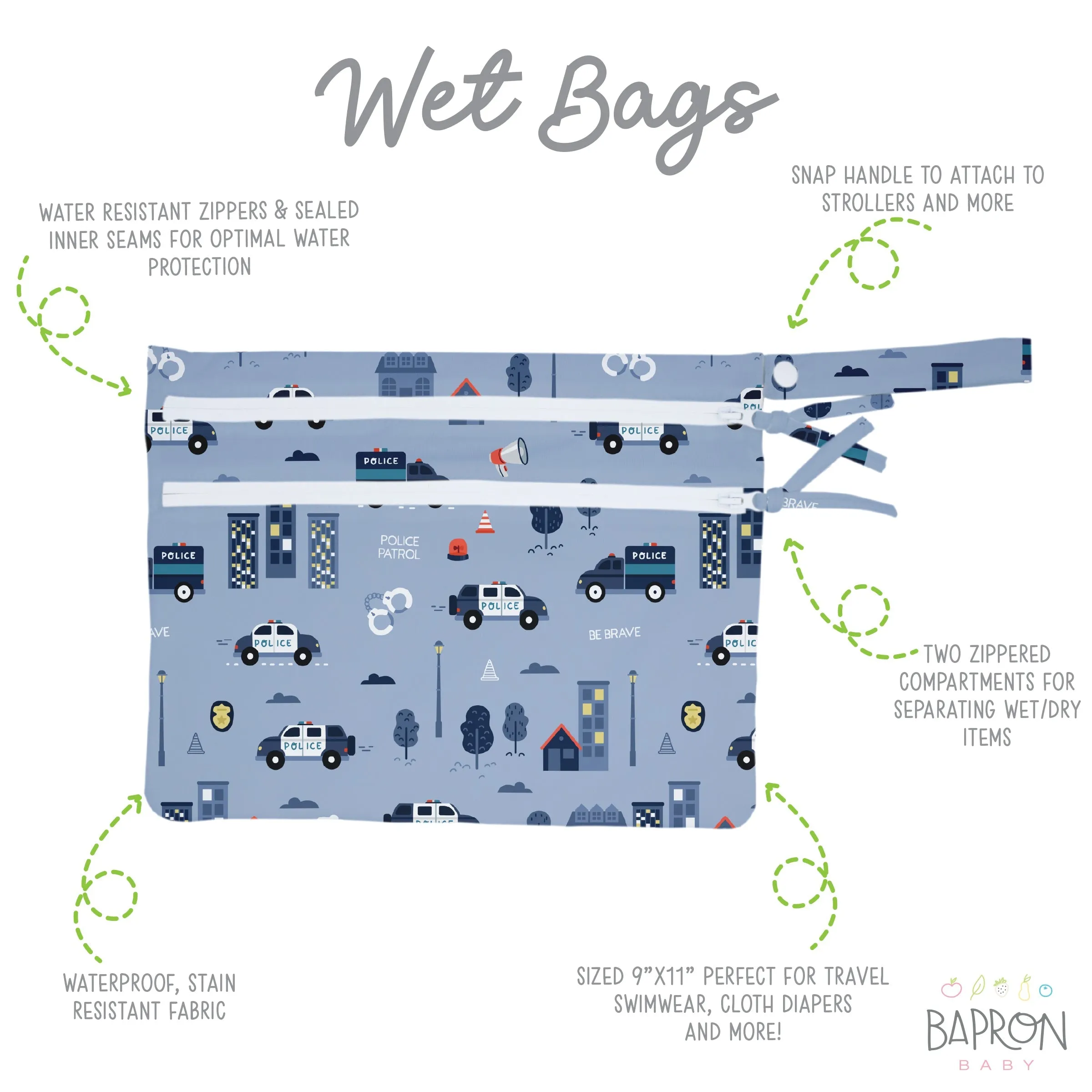 Be Brave - Police Patrol - Waterproof Wet Bag (for Mealtime, On-the-go, And More!) Babykids_Bapron-Baby