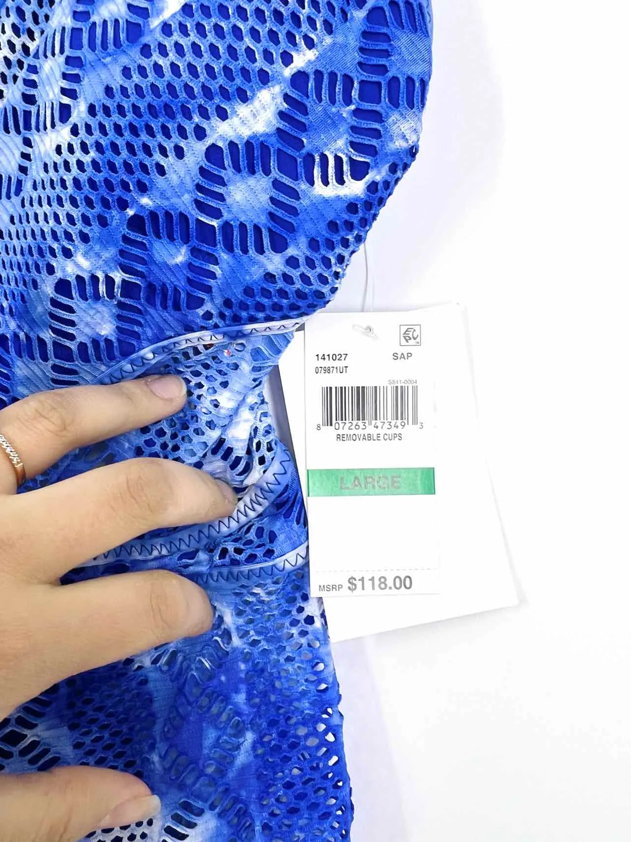Becca Size L Blue/White Print Mesh NEW Swimwear Swimsuit