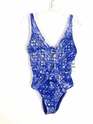 Becca Size L Blue/White Print Mesh NEW Swimwear Swimsuit