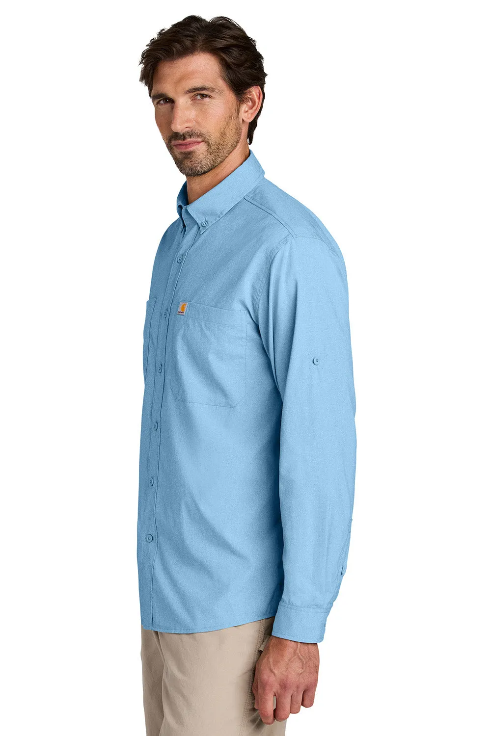 Carhartt Mens Force Sun Defender Moisture Wicking Long Sleeve Button Down Shirt w/ Double Pockets - Fresh Water Blue