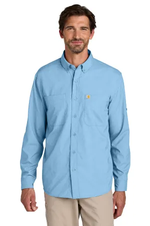 Carhartt Mens Force Sun Defender Moisture Wicking Long Sleeve Button Down Shirt w/ Double Pockets - Fresh Water Blue