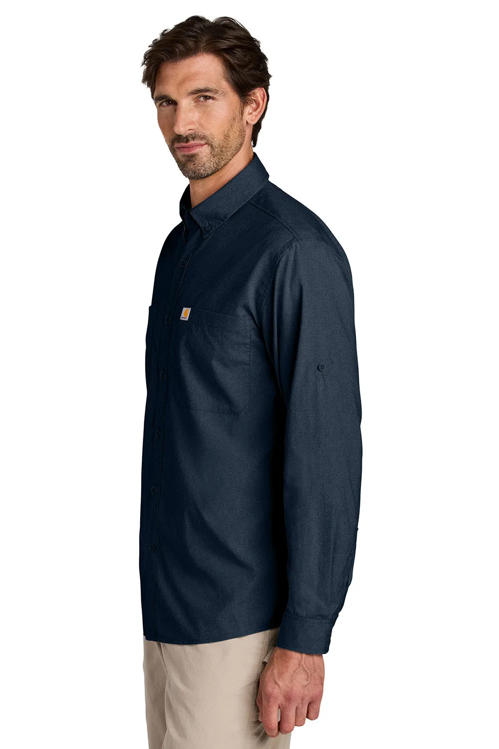 Carhartt Mens Force Sun Defender Moisture Wicking Long Sleeve Button Down Shirt w/ Double Pockets - Navy Blue