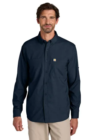 Carhartt Mens Force Sun Defender Moisture Wicking Long Sleeve Button Down Shirt w/ Double Pockets - Navy Blue