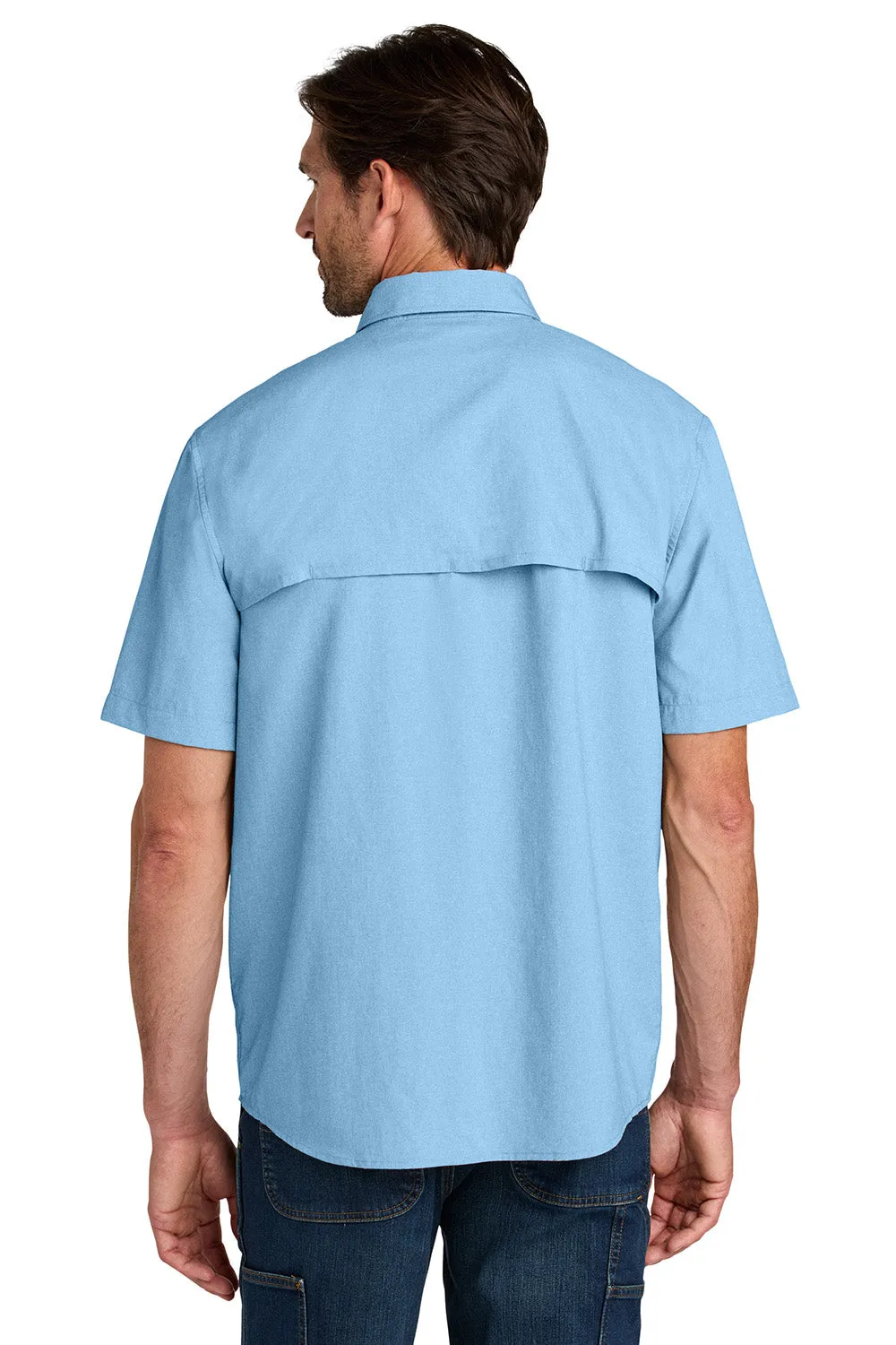 Carhartt Mens Force Sun Defender Moisture Wicking Short Sleeve Button Down Shirt w/ Double Pockets - Fresh Water Blue