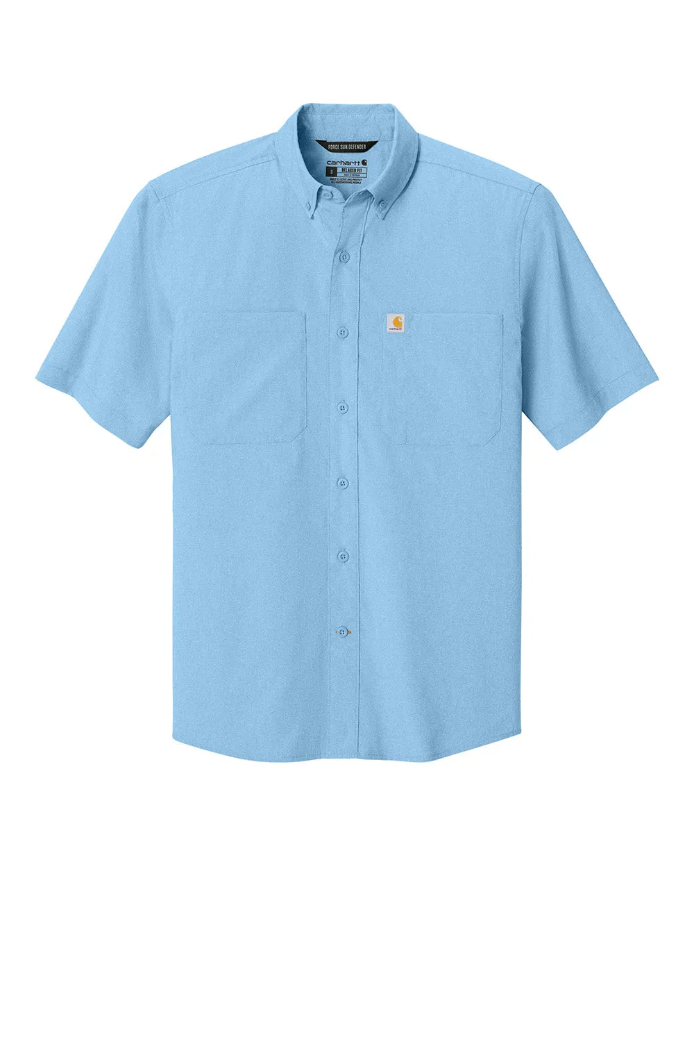 Carhartt Mens Force Sun Defender Moisture Wicking Short Sleeve Button Down Shirt w/ Double Pockets - Fresh Water Blue