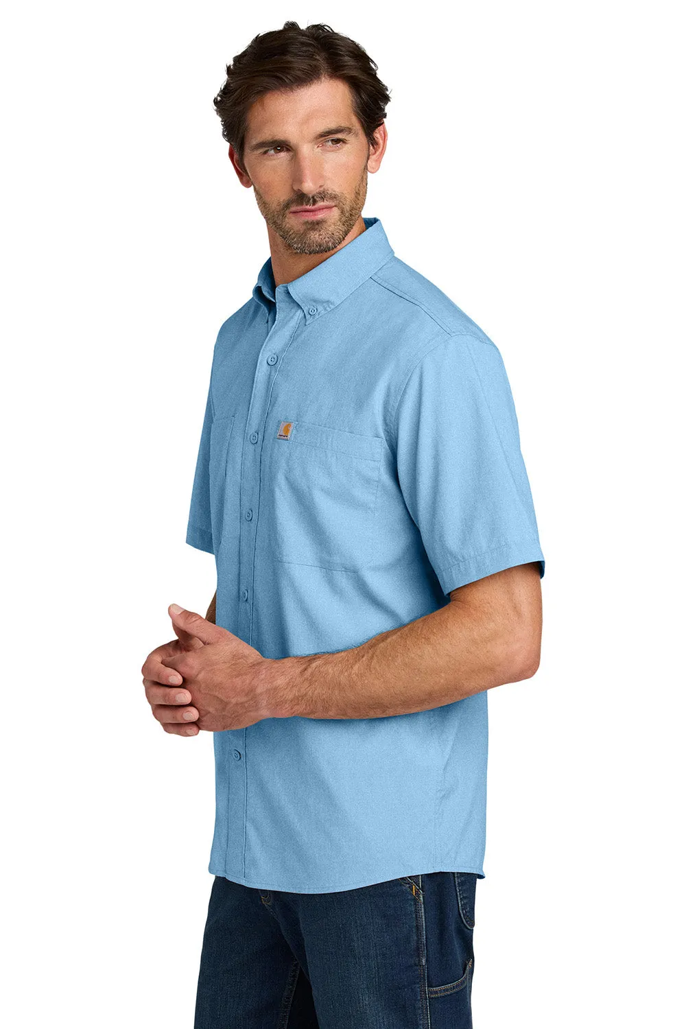 Carhartt Mens Force Sun Defender Moisture Wicking Short Sleeve Button Down Shirt w/ Double Pockets - Fresh Water Blue