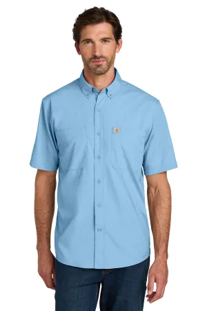 Carhartt Mens Force Sun Defender Moisture Wicking Short Sleeve Button Down Shirt w/ Double Pockets - Fresh Water Blue