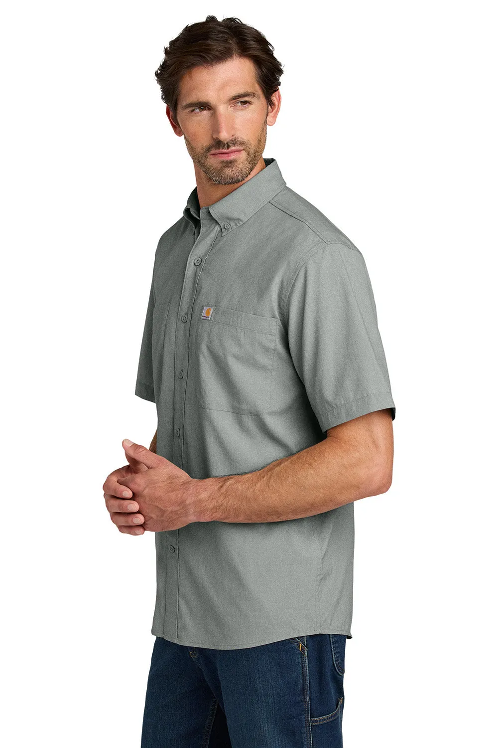 Carhartt Mens Force Sun Defender Moisture Wicking Short Sleeve Button Down Shirt w/ Double Pockets - Steel Grey