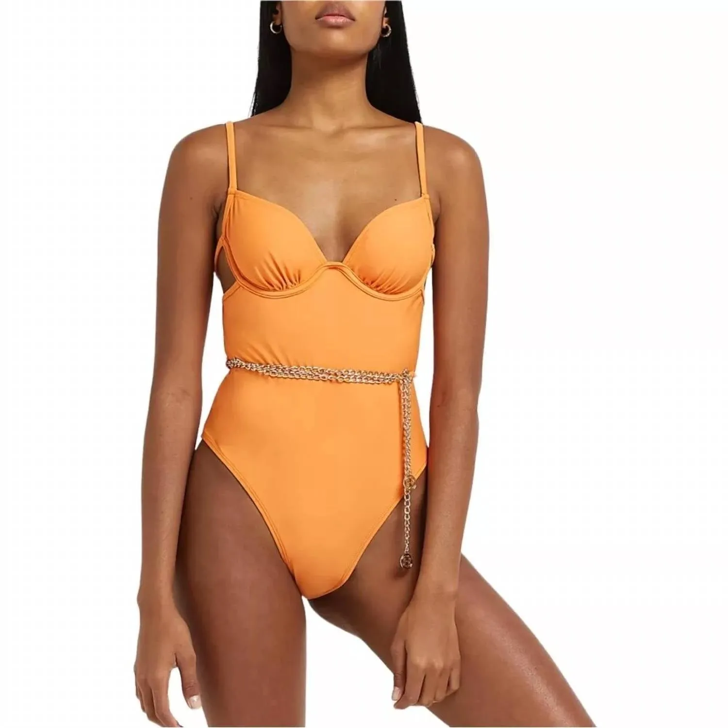 Chain Detail Plunge Swimsuit In Orange