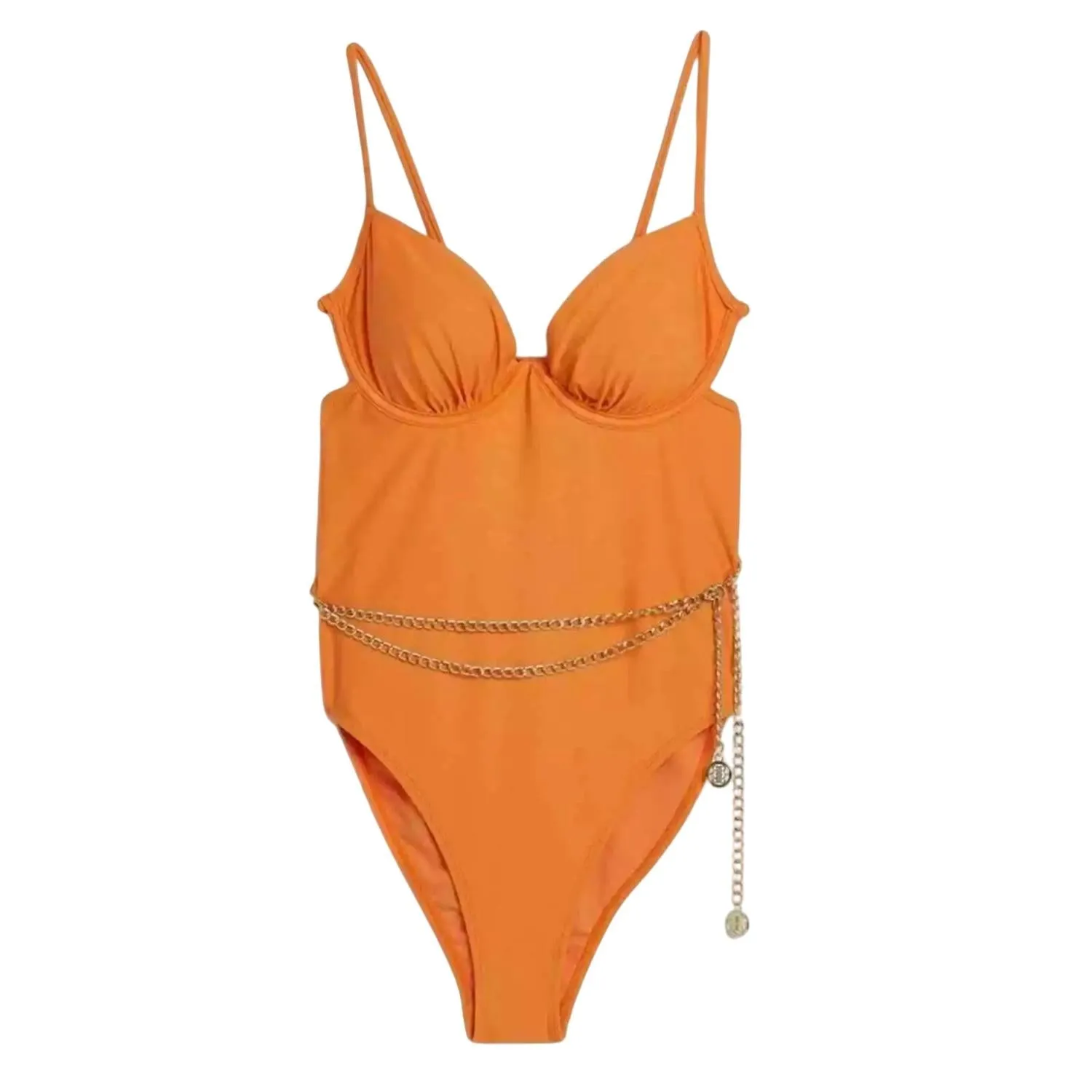 Chain Detail Plunge Swimsuit In Orange