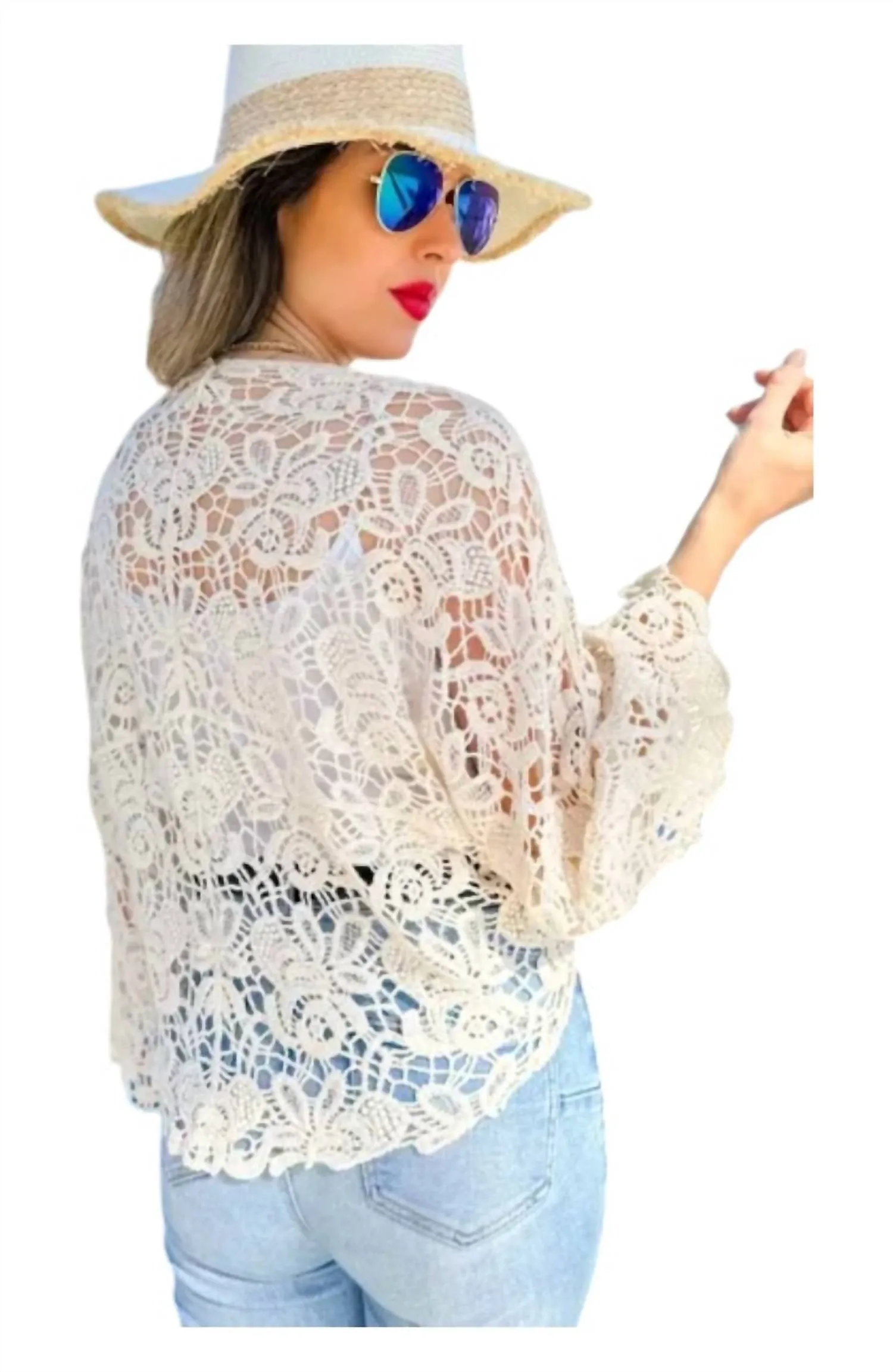 Crochet Bell Sleeve Cardigan Coverup In Ivory