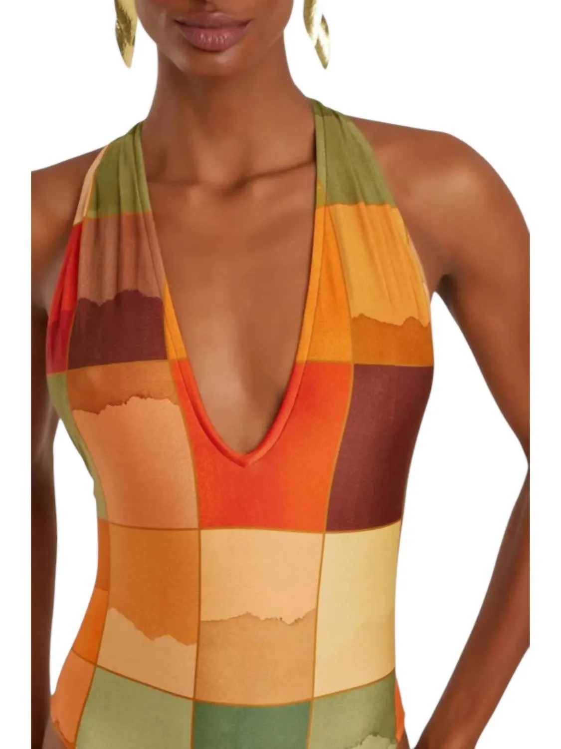 Deep V Back Strap One Piece Swimsuit In Mosaico
