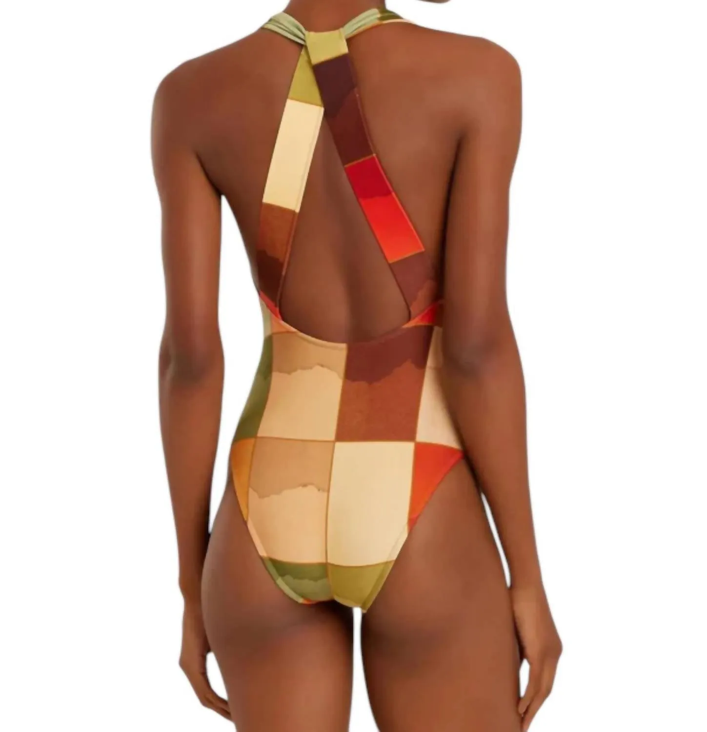 Deep V Back Strap One Piece Swimsuit In Mosaico