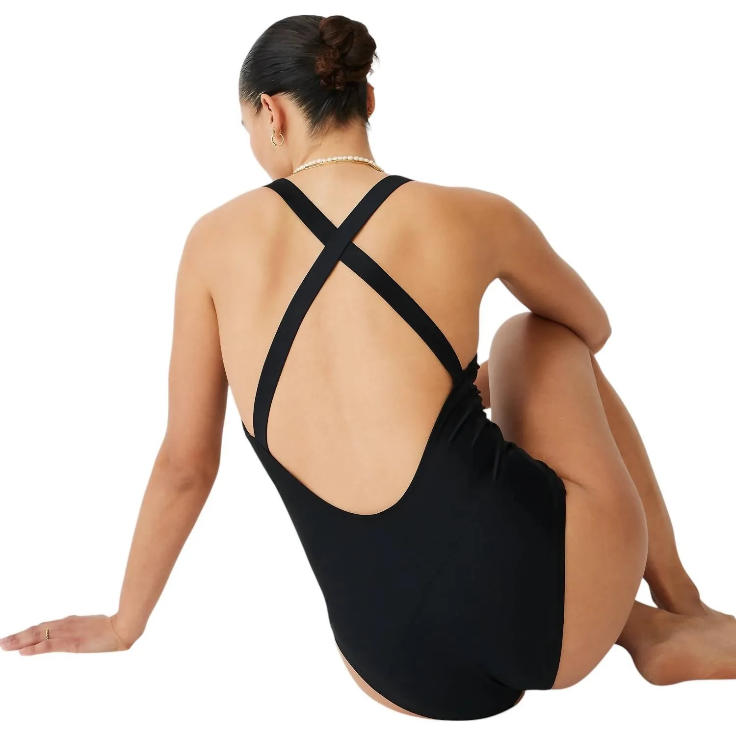 Deep V Neck Cross Back One Piece Swimsuit In Black