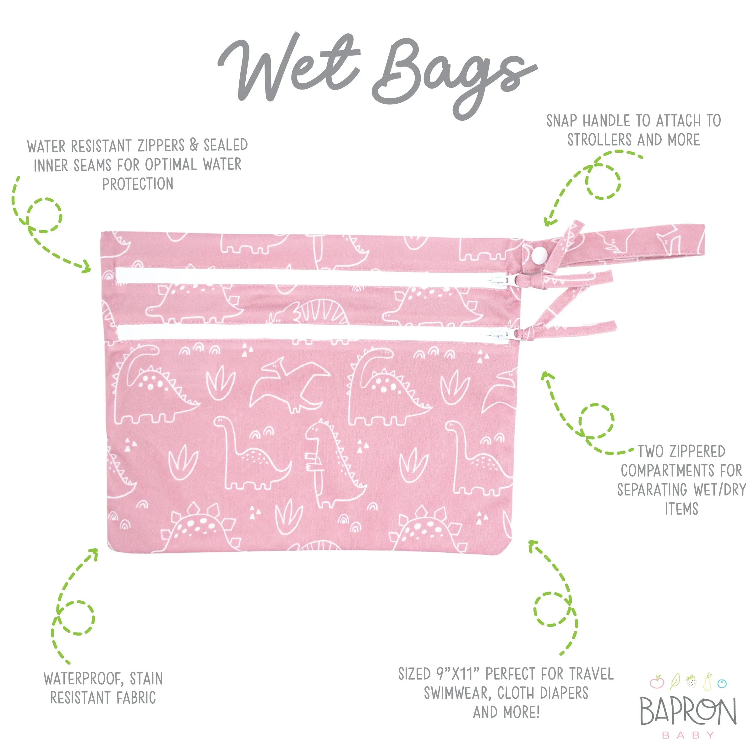 Dino Friends - Blush - Waterproof Wet Bag (for Mealtime, On-the-go, And More!) Babykids_Bapron-Baby
