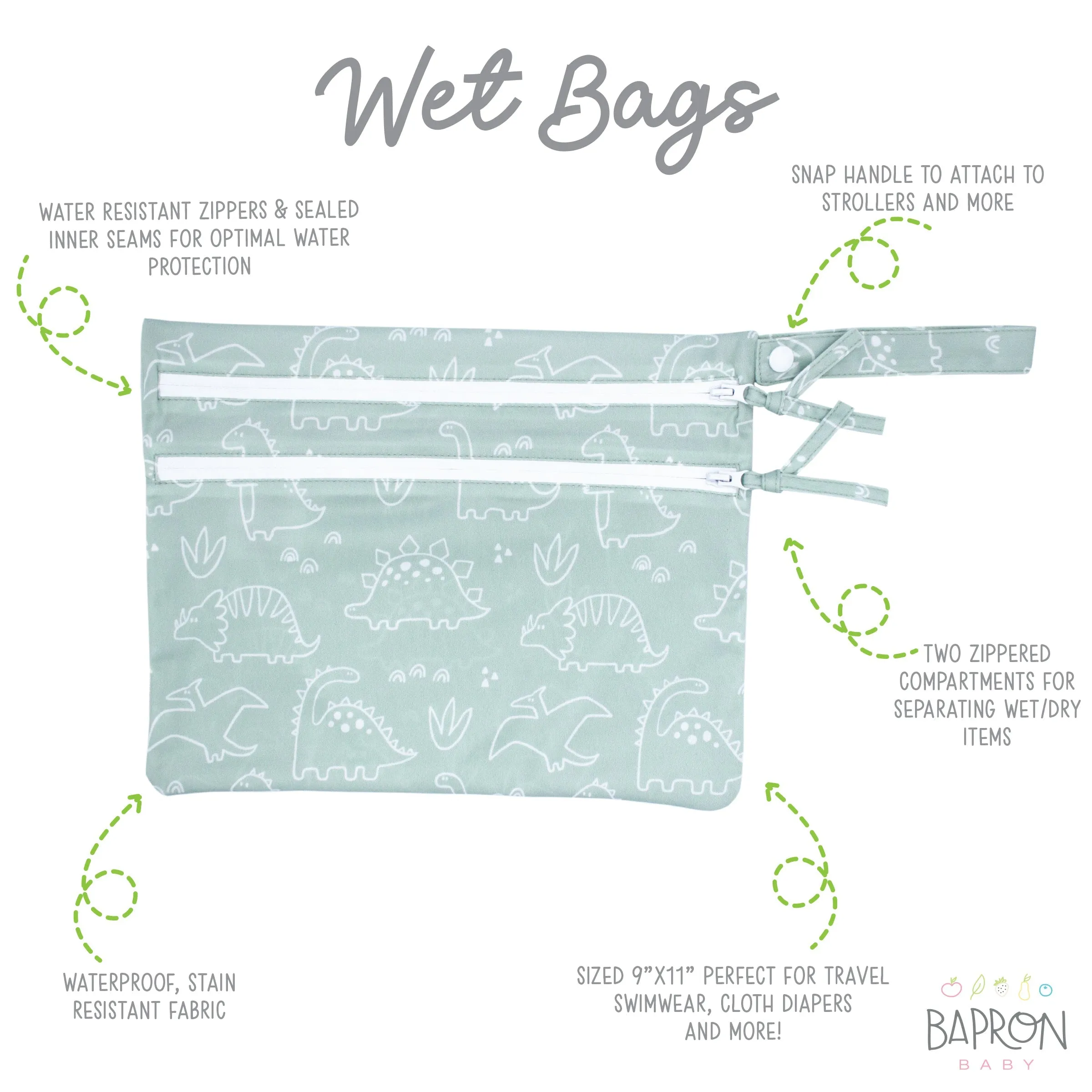 Dino Friends - Sage - Waterproof Wet Bag (for Mealtime, On-the-go, And More!) Babykids_Bapron-Baby