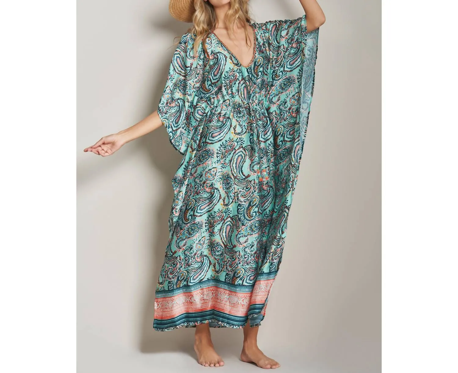 Eclectic Paisley Kaftan Coverup In 331-Green