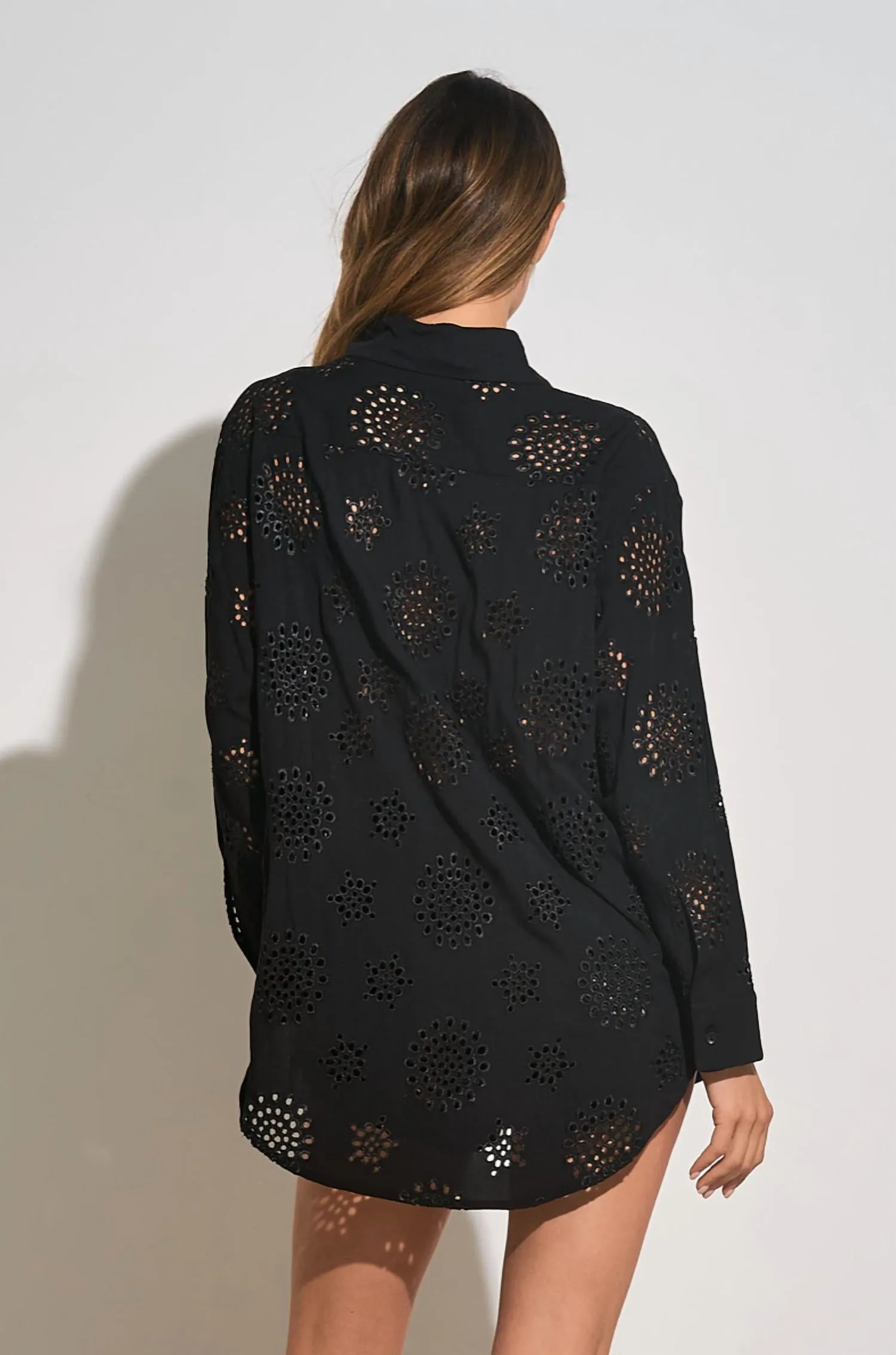 Erin Eyelet Button Down Cover Up In Black