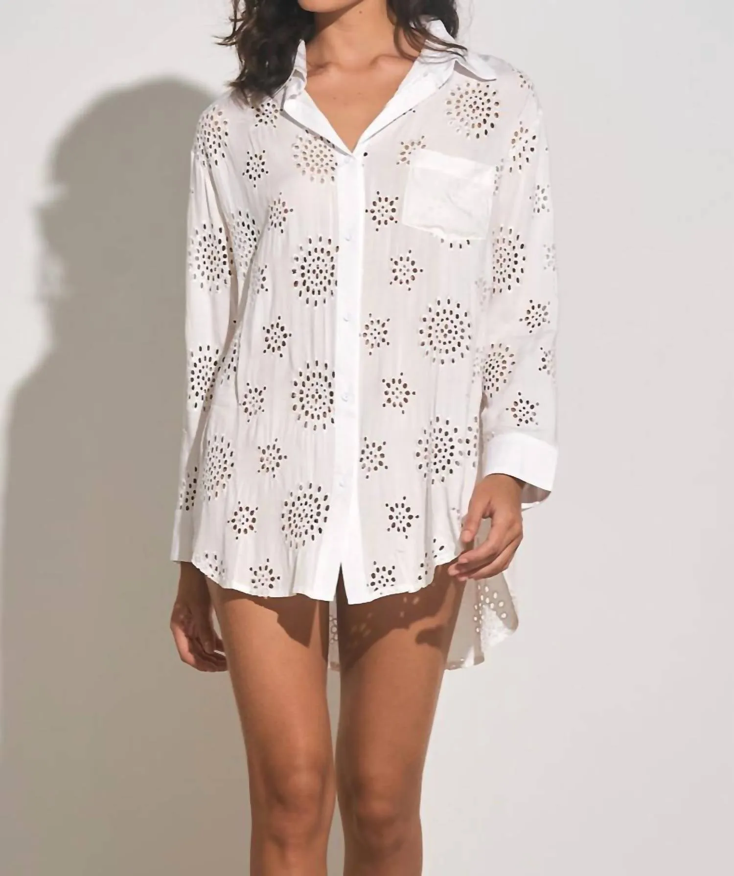 Erin Eyelet Button Down Cover Up In White
