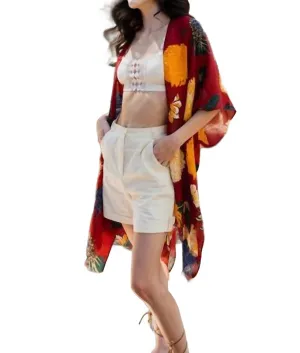Floral Motif Boho Festival Cover Up Kimono In Crimson