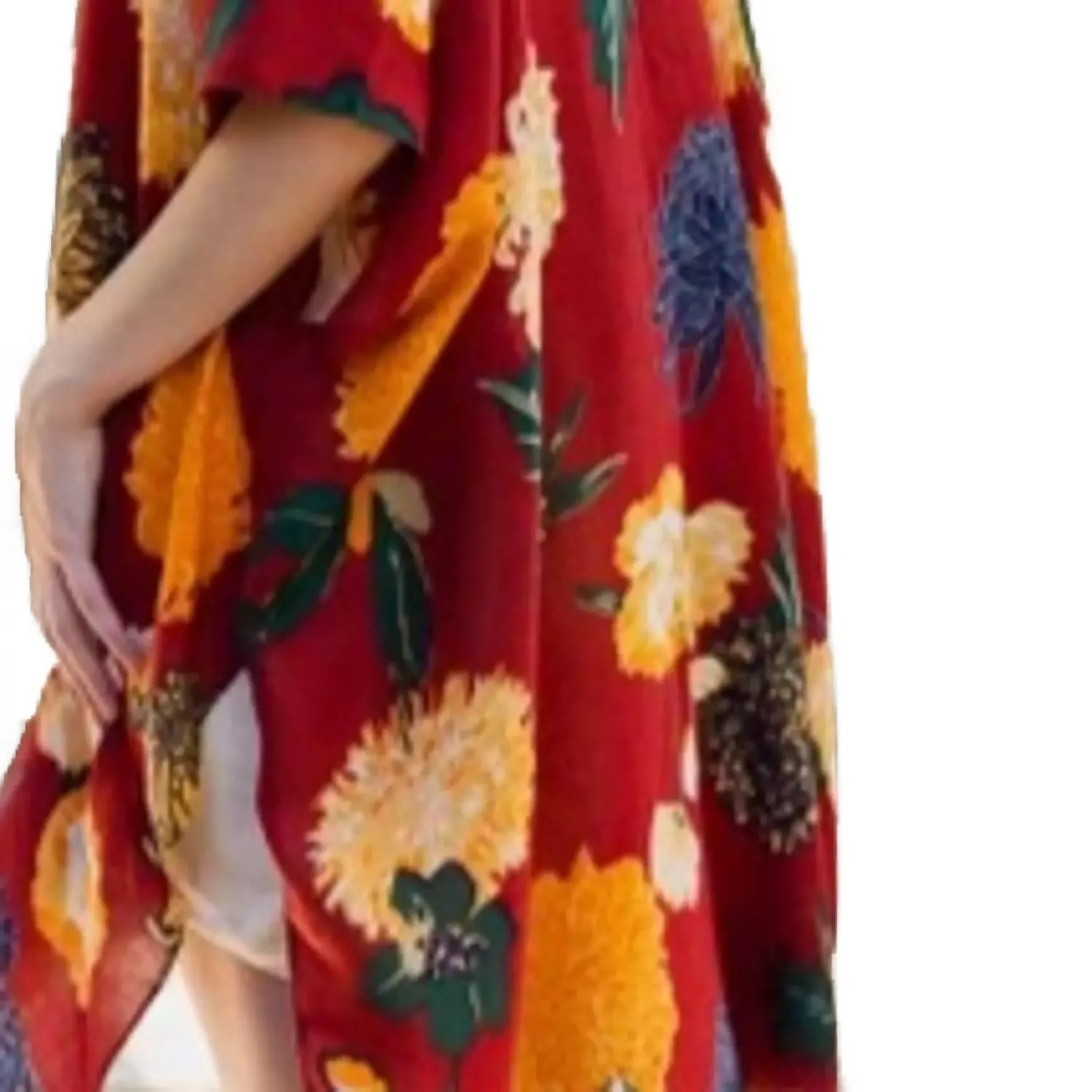 Floral Motif Boho Festival Cover Up Kimono In Crimson