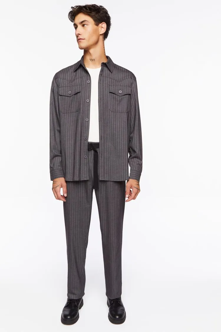 Forever 21 Men's Pinstriped Belted Trousers Charcoal/White Forever 21
