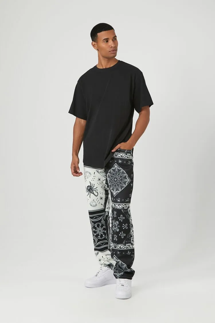 Forever 21 Men's Satin Paisley Print Slim-Fit Pants Black/Cream Forever 21
