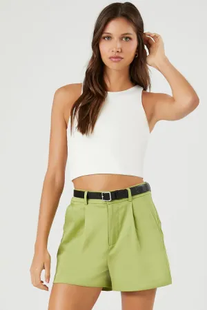 Forever 21 Women's Belted High-Rise Trouser Shorts Olive Forever 21
