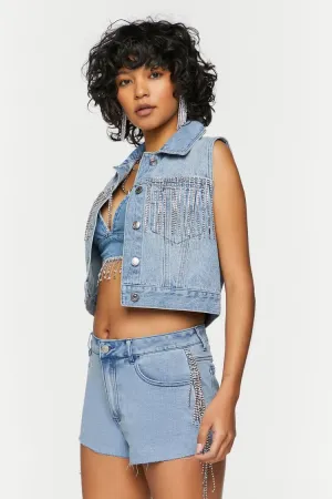 Forever 21 Women's Rhinestone-Fringe Denim Shorts Light Denim Forever 21