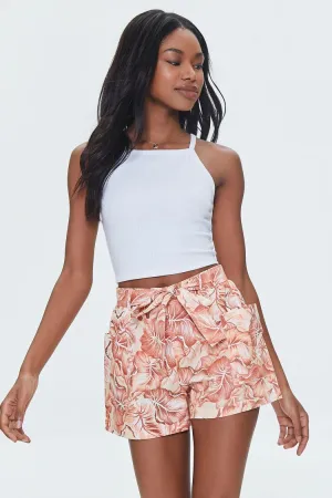 Forever 21 Women's Tropical Leaf Print Belted Shorts Peach /Multi Forever 21
