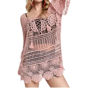 Front Lace Up Crochet Cover Up In Mauve