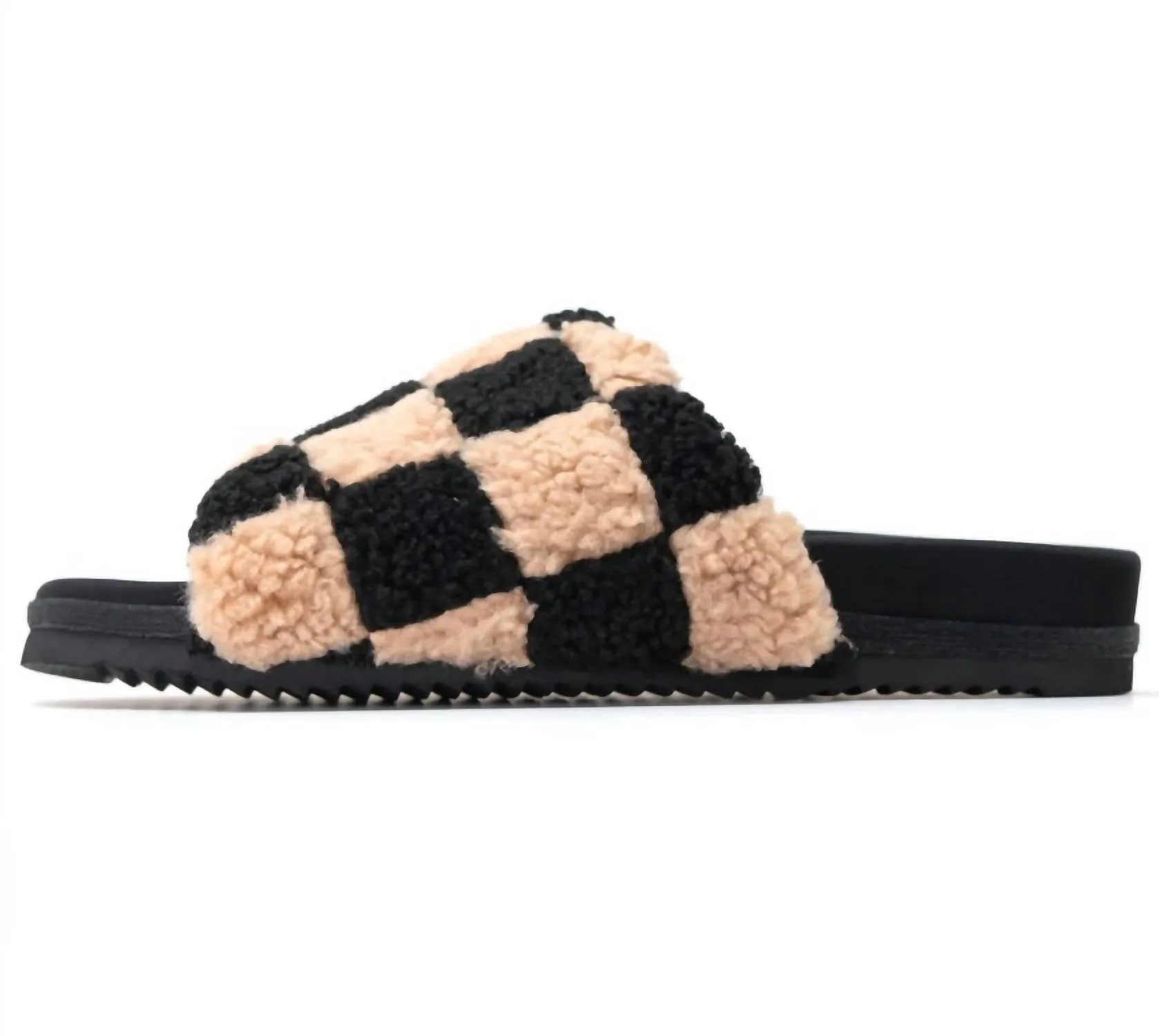 Fuzzy Faux Shearling Checker Sliders In Black & Beige