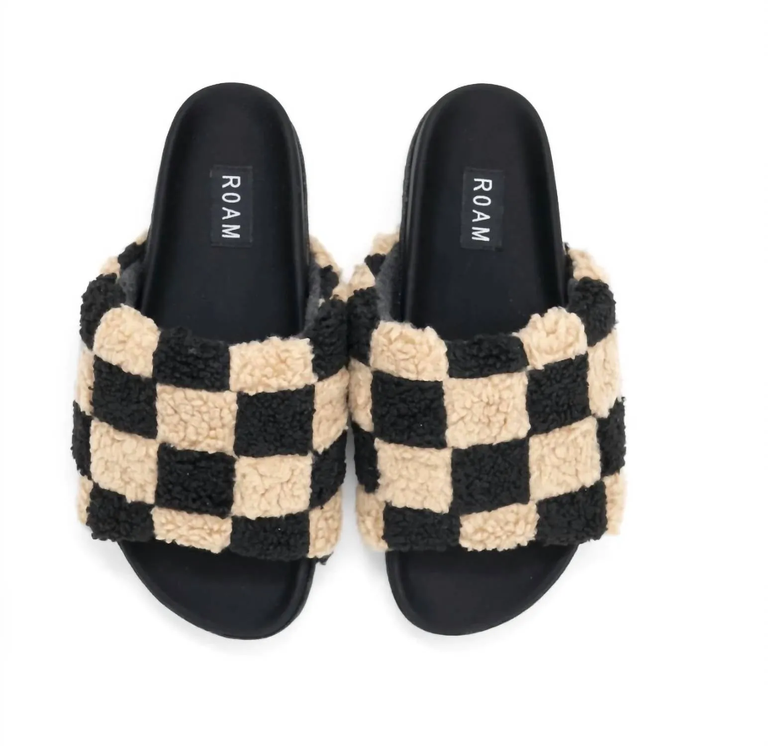 Fuzzy Faux Shearling Checker Sliders In Black & Beige