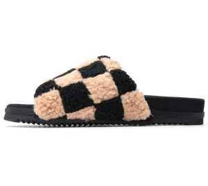 Fuzzy Faux Shearling Checker Sliders In Black & Beige