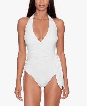Halter Side Tie Tummy Control One Piece Swimsuit In White