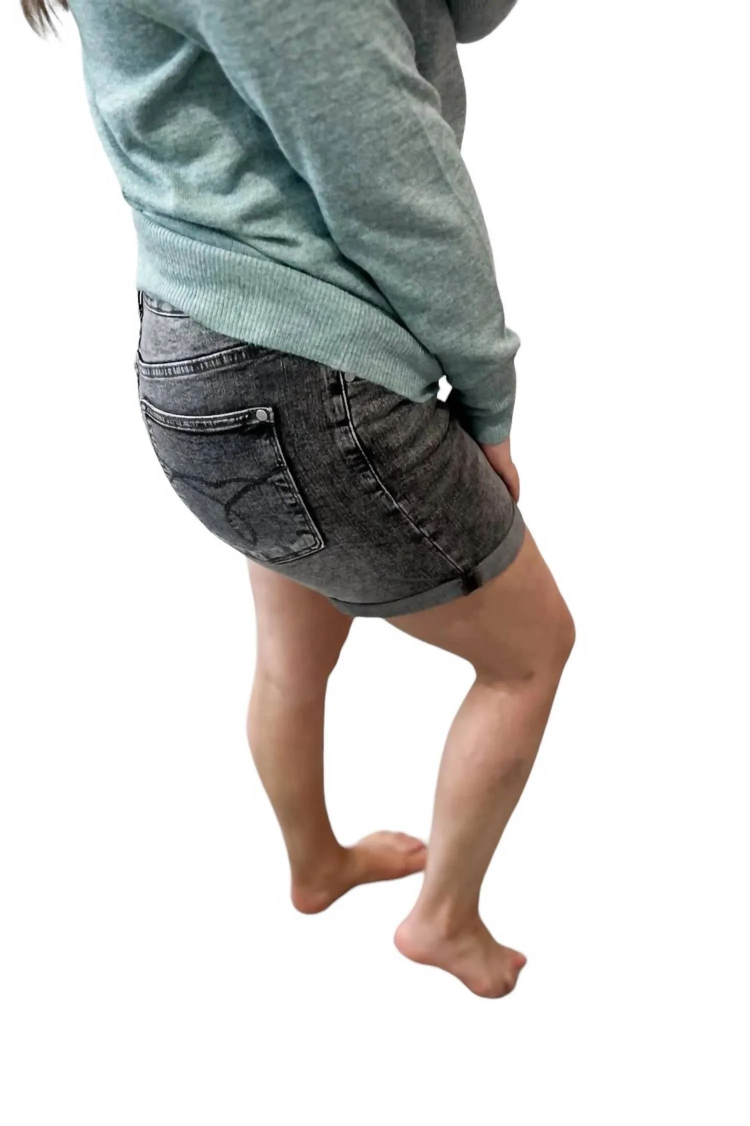 High Waist Button Fly Cuffed Shorts In Grey