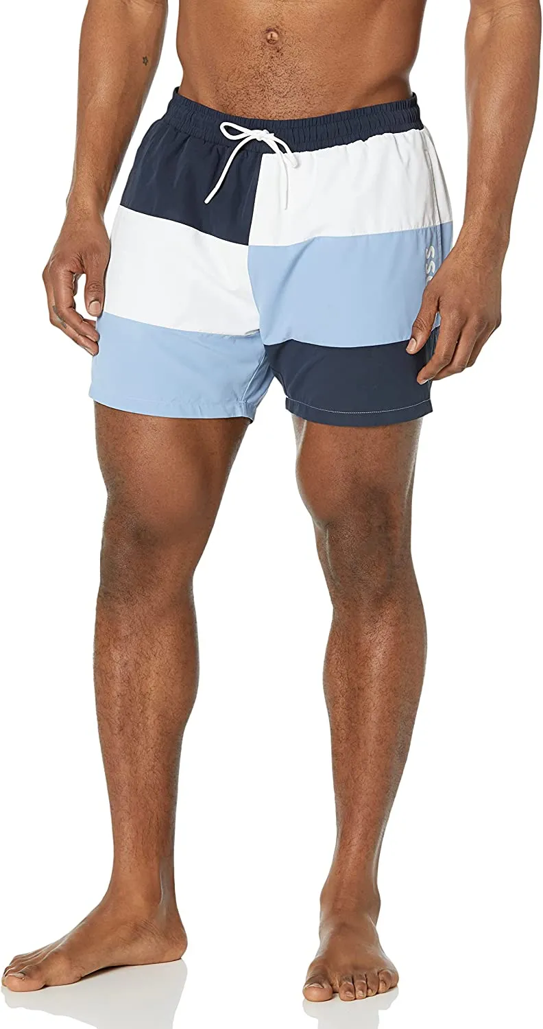 HUGO BOSS Men Standard Court Color Block Swim Shorts Trunks Night Blue/White