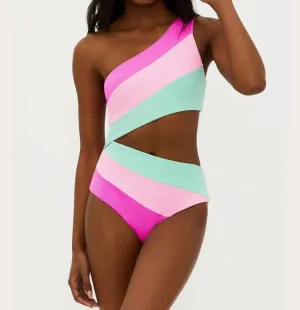 Joyce One Shoulder One Piece Swimsuit In Blossom Colorblock Scrunch Multi