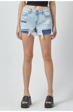 Kenzie Bandana Print Distressed Shorts In Light Wash