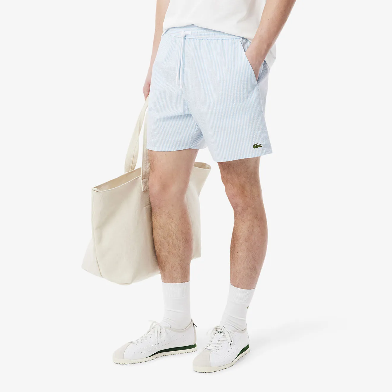Lacoste Mid Length Striped Textured Swim Trunks White/Light Blue