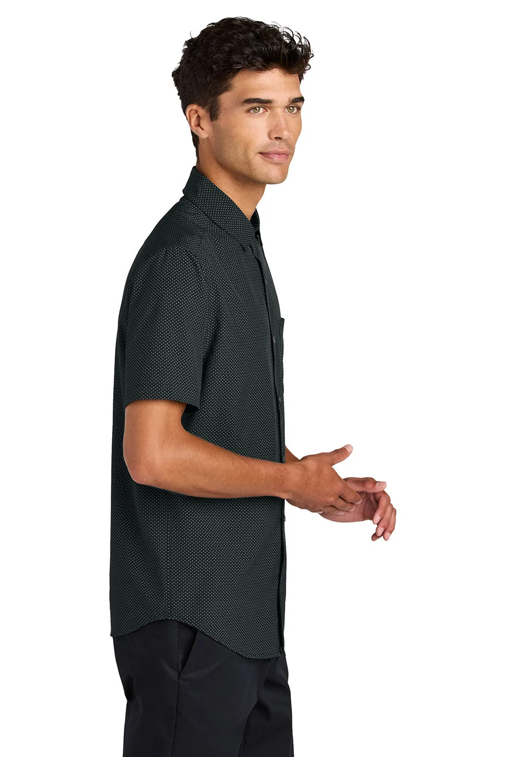 Mercer Mettle Mens UV Capital Tech Moisture Wicking Short Sleeve Button Down Shirt w/ Pocket - Deep Black Triangle Print