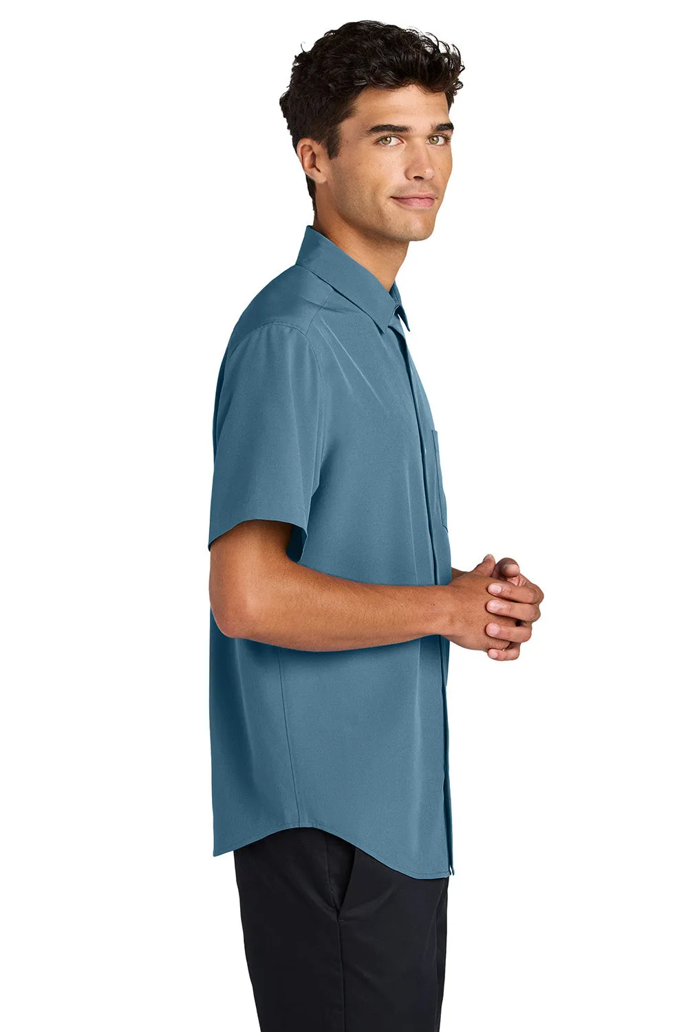 Mercer Mettle Mens UV Capital Tech Moisture Wicking Short Sleeve Button Down Shirt w/ Pocket - Harbor Blue