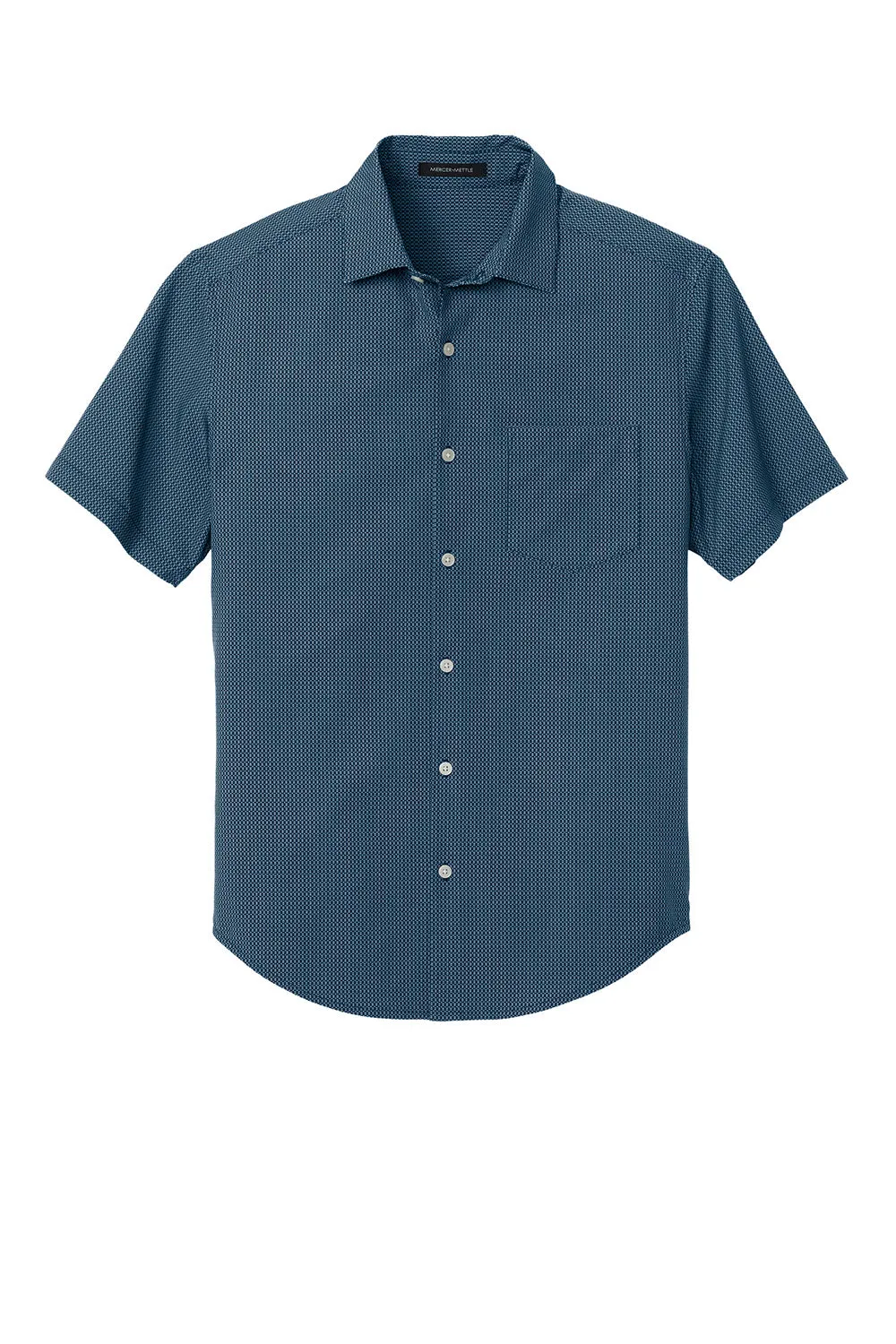 Mercer Mettle Mens UV Capital Tech Moisture Wicking Short Sleeve Button Down Shirt w/ Pocket - Night Navy Blue Dash Print