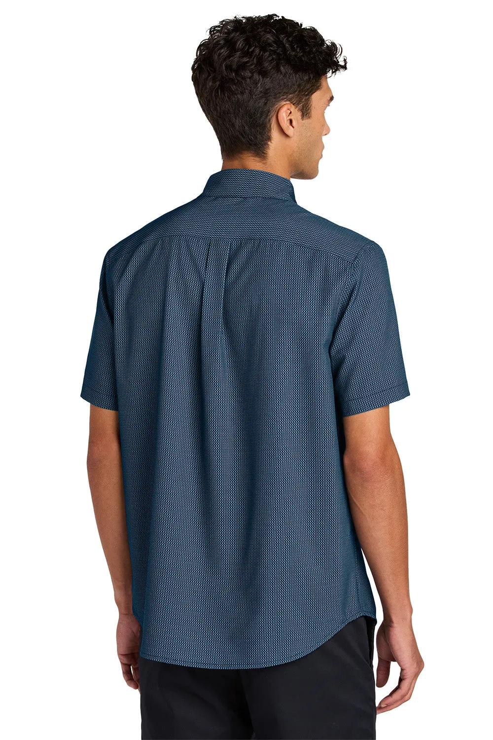 Mercer Mettle Mens UV Capital Tech Moisture Wicking Short Sleeve Button Down Shirt w/ Pocket - Night Navy Blue Dash Print
