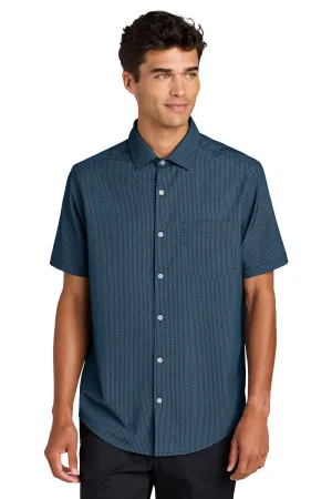 Mercer Mettle Mens UV Capital Tech Moisture Wicking Short Sleeve Button Down Shirt w/ Pocket - Night Navy Blue Dash Print