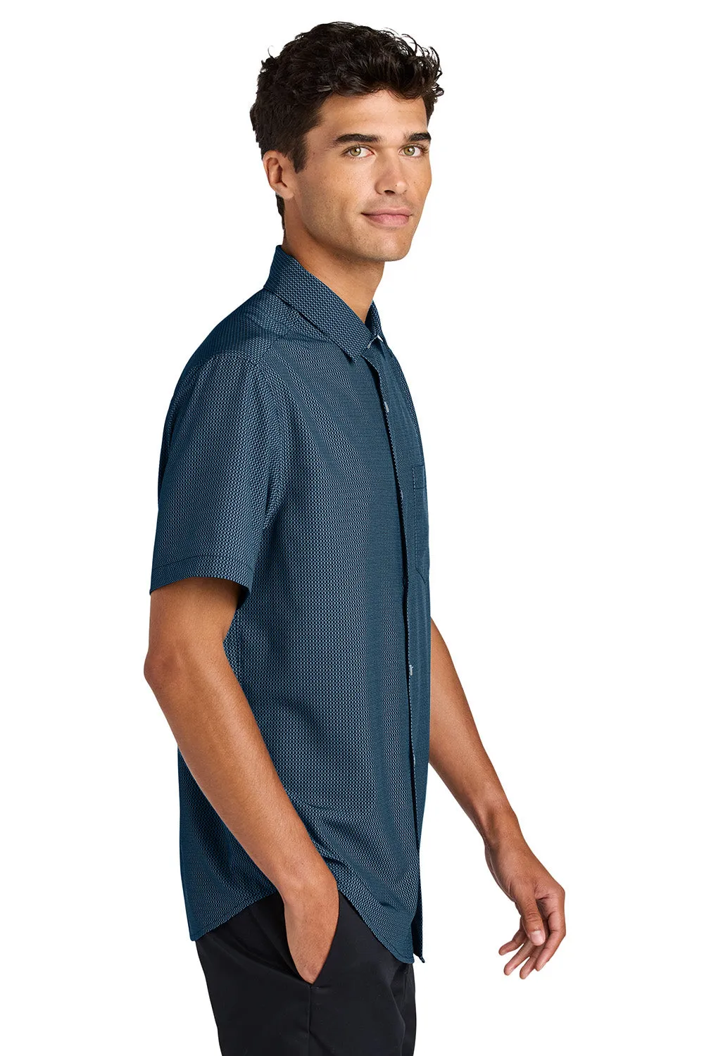 Mercer Mettle Mens UV Capital Tech Moisture Wicking Short Sleeve Button Down Shirt w/ Pocket - Night Navy Blue Dash Print