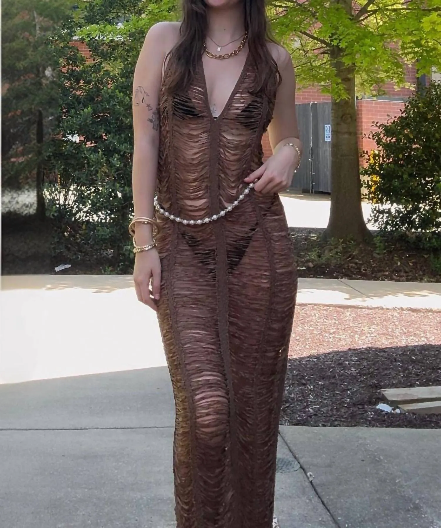 Moss Goddess Net Dress In Brown