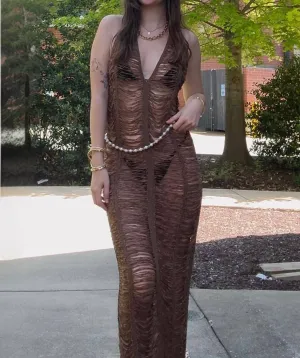 Moss Goddess Net Dress In Brown